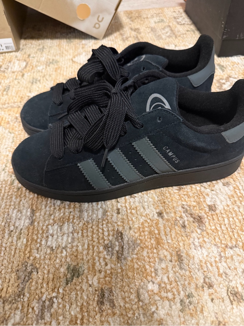 adidas Kids Black Suede Campus Sneakers with Gray Stripes